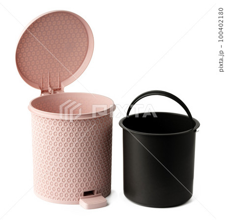 Plastic trash can with lid on white background Plastic trash can with lid on white background 100402180