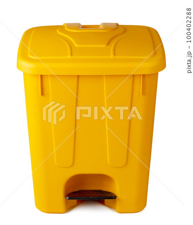 Yellow plastic waste bin isolated on white 100402288
