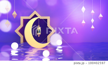 Purple banner with moon and lantern for Muslim Holidays and Ramadan 3d rendering Purple banner with moon and lantern for Muslim Holidays and Ramadan 3d rendering 100402597