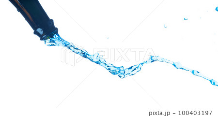 Drinking Water in Plastic Bottle fall fly in mid air, fresh water glass bottle floating explosion. Fresh water bottles pour throw in air. White background isolated freeze motion high speed 100403197
