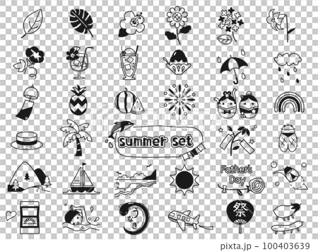 A set of illustrations inspired by early summer and summer events and plants such as the sea, sunflowers, and hydrangeas (monochrome version) A set of illustrations inspired by early summer and summer events and plants such as the sea, sunflowers, and hydrangeas (monochrome version) 100403639