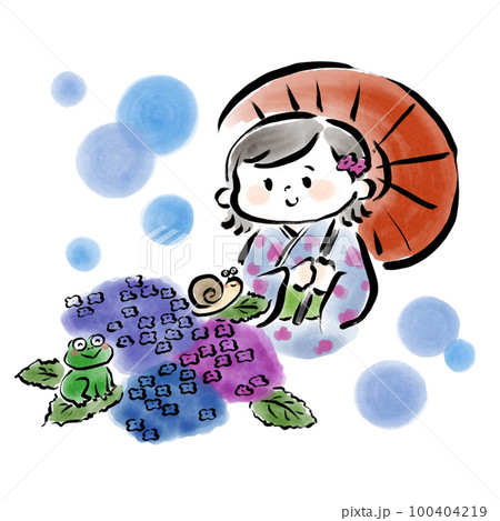 手描きイラスト オリジナル 創作 原画 水彩 女の子 紫陽花 着物 雨 雨の中紫陽花を見ている着物の女性 水彩風手描きイラスト素材の