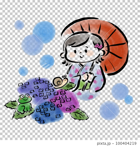 雨の中紫陽花を見ている着物の女性 水彩風手描きイラスト素材の
