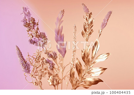 Luxury abstract lavander flowers with gold, pastel color and gradient. Romantic floral art, design for wall decor, wallpaper, wedding invitations, ceremonies, cards. AI 100404435