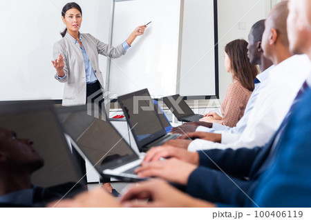 Asian businesswoman giving report to partners sitting with laptops 100406119