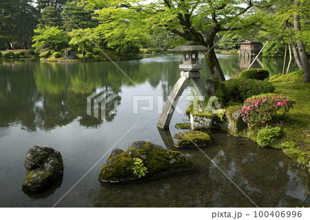 兼六園のサツキと霞ヶ池の徽軫灯籠 兼六園のサツキと霞ヶ池の徽軫灯籠 100406996
