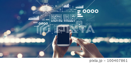 Digital Wallet theme with person using smartphone 100407861