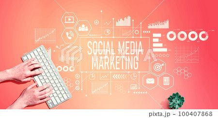 Social media marketing theme with person using computer keyboard Social media marketing theme with person using computer keyboard 100407868