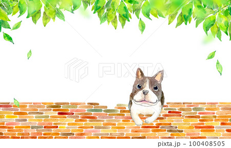 かわいい犬と新緑の背景素材　水彩イラスト 100408505