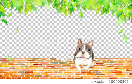 かわいい犬と新緑の背景素材　水彩イラスト 100408505