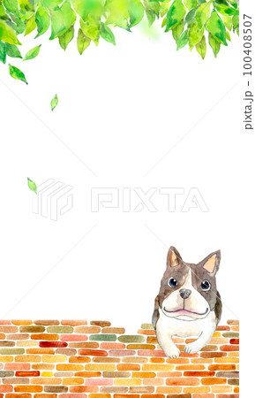 かわいい犬と新緑の背景素材　水彩イラスト 100408507