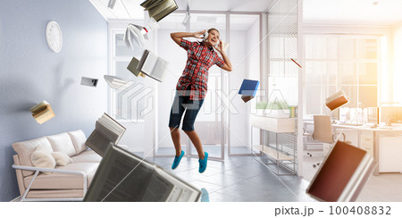 Woman wearing headphones jumping . Mixed media Woman wearing headphones jumping . Mixed media 100408832