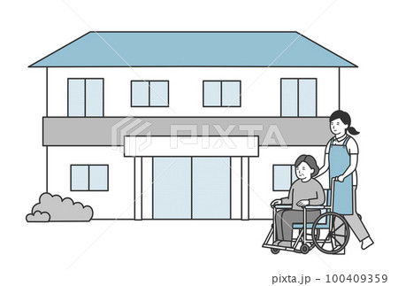 年配女性と介護士と老人ホームのイラスト 年配女性と介護士と老人ホームのイラスト 100409359