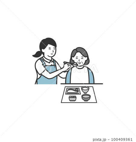 高齢女性の食事を介助する女性介護士のイラスト 100409361