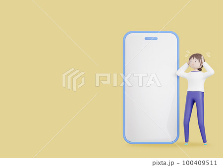 3DCG｜スマホのトラブルで焦る若い日本人女性 100409511