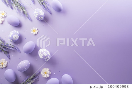 Happy easter! Colourful Easter eggs on pastel background. Decoration concept for greetings and presents on Easter Day celebrate time. 100409998