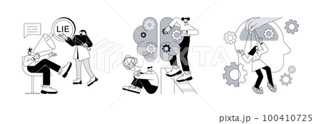 Social engineering abstract concept vector illustration set. Post-truth, gaslighting and psychological manipulation, fake news, cyber propaganda, mental abuse, cognitive dissonance abstract metaphor. Social engineering abstract concept vector illustration set. Post-truth, gaslighting and psychological manipulation, fake news, cyber propaganda, mental abuse, cognitive dissonance abstract metaphor. 100410725