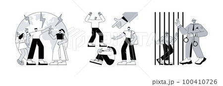 Unlawful behavior abstract concept vector illustration set. Social conflict, violence at school, juvenile delinquency, teenage crime, vandalism act, social relations, bullying abstract metaphor. Unlawful behavior abstract concept vector illustration set. Social conflict, violence at school, juvenile delinquency, teenage crime, vandalism act, social relations, bullying abstract metaphor. 100410726