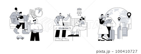 Family life abstract concept vector illustration set. Foster parent, father supports mother, family migration, adopted child, tired mom, immigration program, together at home abstract metaphor. Family life abstract concept vector illustration set. Foster parent, father supports mother, family migration, adopted child, tired mom, immigration program, together at home abstract metaphor. 100410727