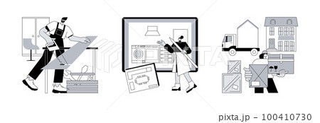 Interior design abstract concept vector illustration set. Custom furniture and bespoke kitchen furniture design, moving house services, artisan manufacturing, family home relocation abstract metaphor. Interior design abstract concept vector illustration set. Custom furniture and bespoke kitchen furniture design, moving house services, artisan manufacturing, family home relocation abstract metaphor. 100410730