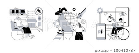 Barrier-free environment abstract concept vector illustration set. Accessible environment design, industrial product usability and ergonomics, electronic accessibility for disabled abstract metaphor. 100410737