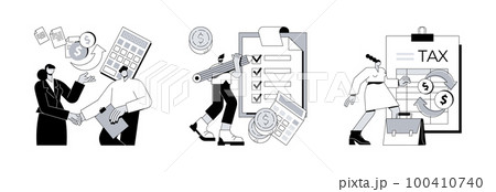 Tax agent service abstract concept vector illustration set. Accountant appointment, filing the taxes, money refund, income statement and financial audit, e-file online software abstract metaphor. 100410740