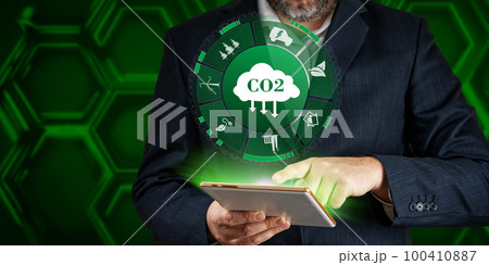Lower CO2 emissions concept. Global warming and climate change limit Carbon and CO2 footprint. 100410887