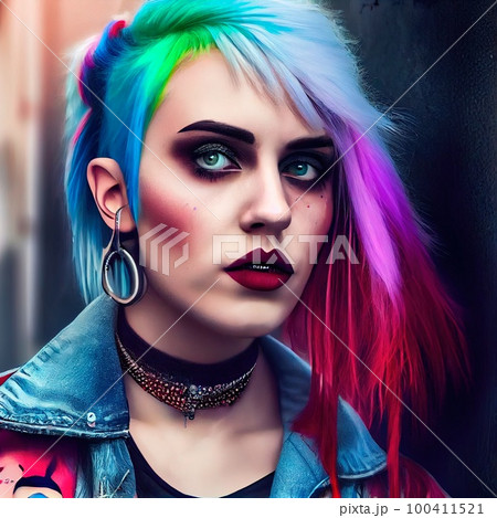 Portrt of a punk with colored hr. Hipster man with punk hr. The concept of a rock musician. Generative AI Art. 100411521