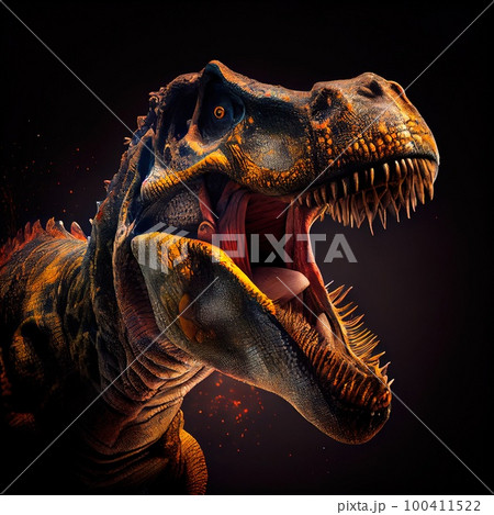 Fantasy dinosaur in the ancient prehistoric jungle. An ancient predatory dinosaur. Generative AI Art. 100411522