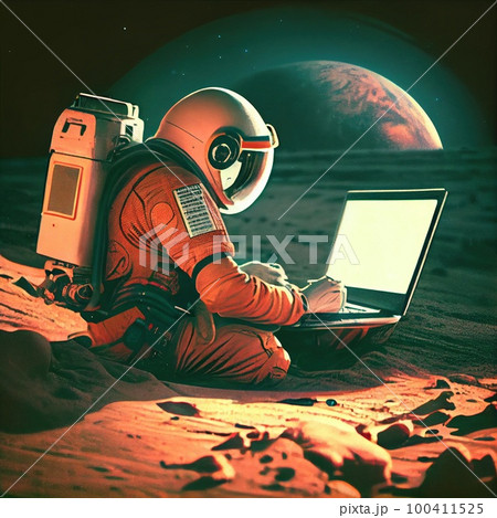 A portrt of an astronaut in a spacesuit working on a laptop. A high-tech astronaut from the future. Generative AI Art. 100411525