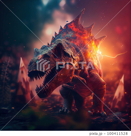 Fantasy dinosaur in the ancient prehistoric jungle. An ancient predatory dinosaur. Generative AI Art. Fantasy dinosaur in the ancient prehistoric jungle. An ancient predatory dinosaur. Generative AI Art. 100411528
