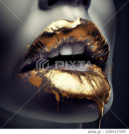 Close-up of the glamorous lips of a beautiful girl. Generative AI Art. 100411594