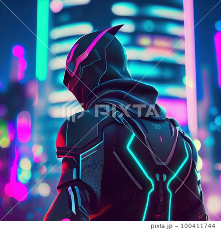Portrait of Fantastic Warrior. High-tech futuristic man from the future. Generative AI Art. Portrait of Fantastic Warrior. High-tech futuristic man from the future. Generative AI Art. 100411744