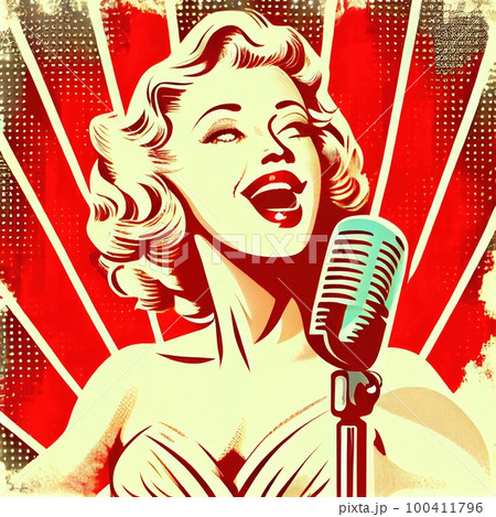 A glamorous, elegant woman with a vintage microphone, singing a song. Generative AI Art. 100411796