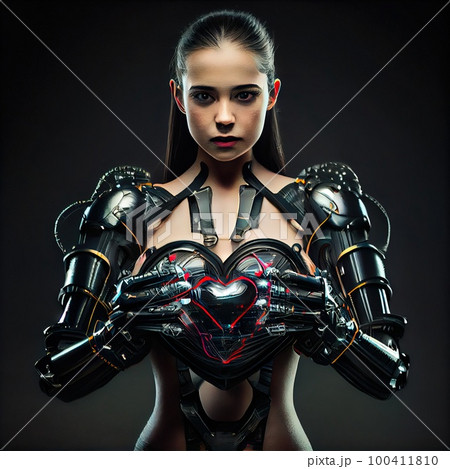 Portrait of a futuristic robot with a mechanical glowing heart in his hands. Generative AI Art. Portrait of a futuristic robot with a mechanical glowing heart in his hands. Generative AI Art. 100411810