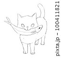 A stray cat walks with a fish in its mouth. 100411821