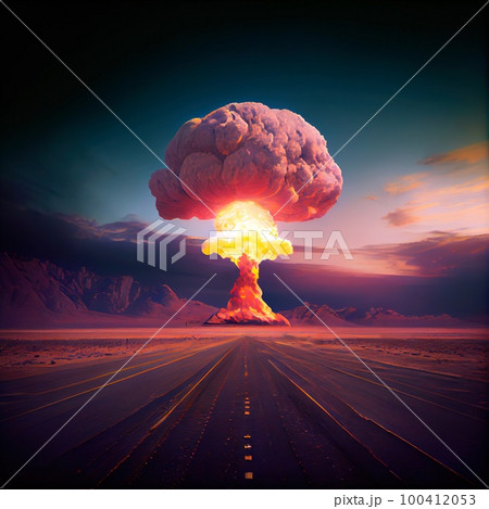 A nuclear explosion in a metropolis. The mushroom of an atomic explosion. Generative AI Art. 100412053