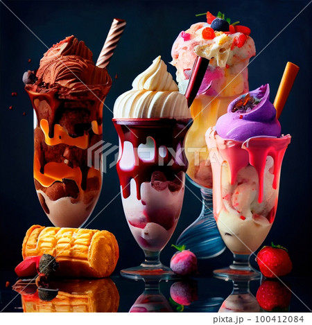 Delicious ice cream in a bowl. An explosion of flavor. Ice cream of different varieties. Generative AI Art. 100412084