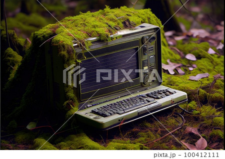 An old computer lying in the jungle. A post-apocalyptic ruin in the green jungle. Generative AI Art. 100412111