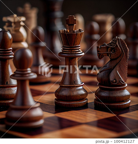 Chess pieces on the board. The concept of planning, decision-making, and strategy. Generative AI Art. 100412127