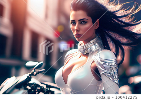 Portrait of a girl on a motorcycle from a sci-fi cyberpunk. A high-tech woman from the future. Generative AI Art. 100412275