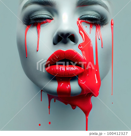 Close-up of the glamorous lips of a beautiful girl. Generative AI Art. 100412327