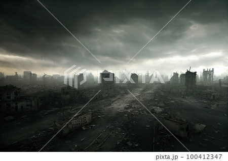 A post-apocalyptic ruined city. Destroyed buildings, destroyed roads, blown up skyscrapers. Generative AI Art. 100412347
