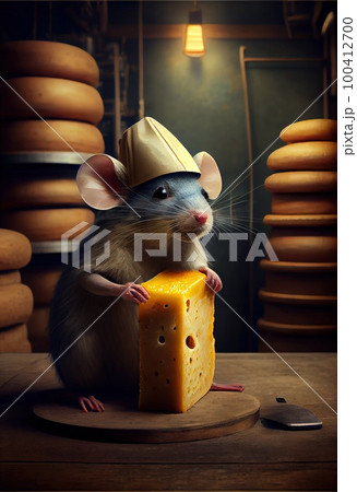 Cartoon mouse cook in a warehouse in the middle of the cheese. Generative AI Art. 100412700