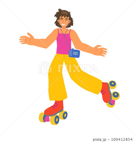 Happy smiling girl teenager riding rollers. Cartoon vector character Happy smiling girl teenager riding rollers. Cartoon vector character 100412854