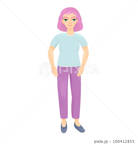 Beautiful young woman with pink hairs. Cartoon character. Vector illustration isolated on white background. 100412855