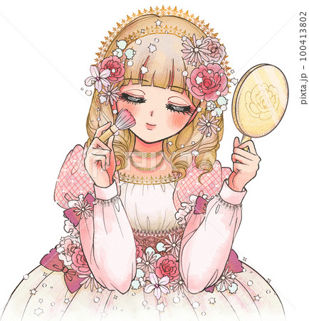 手鏡でメイクをする少女まんが風のお姫様のイラスト 100413802