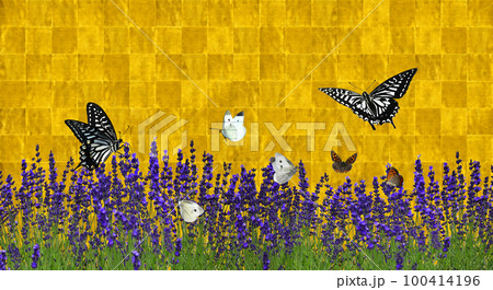 ラベンダー畑に蝶が舞う、琳派風アートの背景 100414196