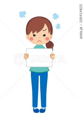 メッセージボードを持って怒っている可愛い若い女性のイラスト　白背景　ベクター　全身　人物 100414835