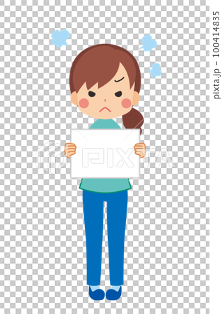 メッセージボードを持って怒っている可愛い若い女性のイラスト　白背景　ベクター　全身　人物 100414835